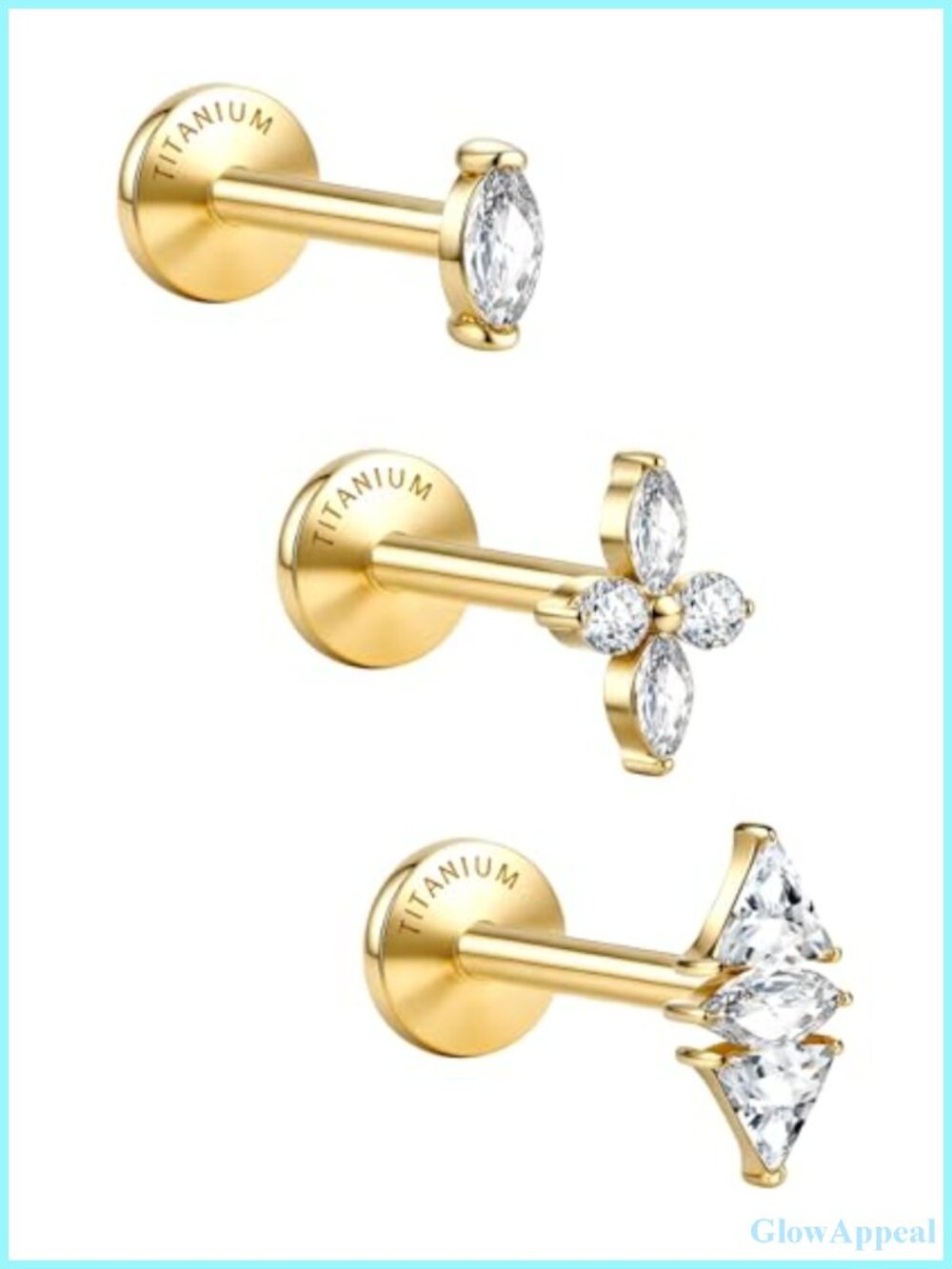 3 Pcs G23 Implant Grade Titanium Flat Back Stud Earrings Hypoallergenic